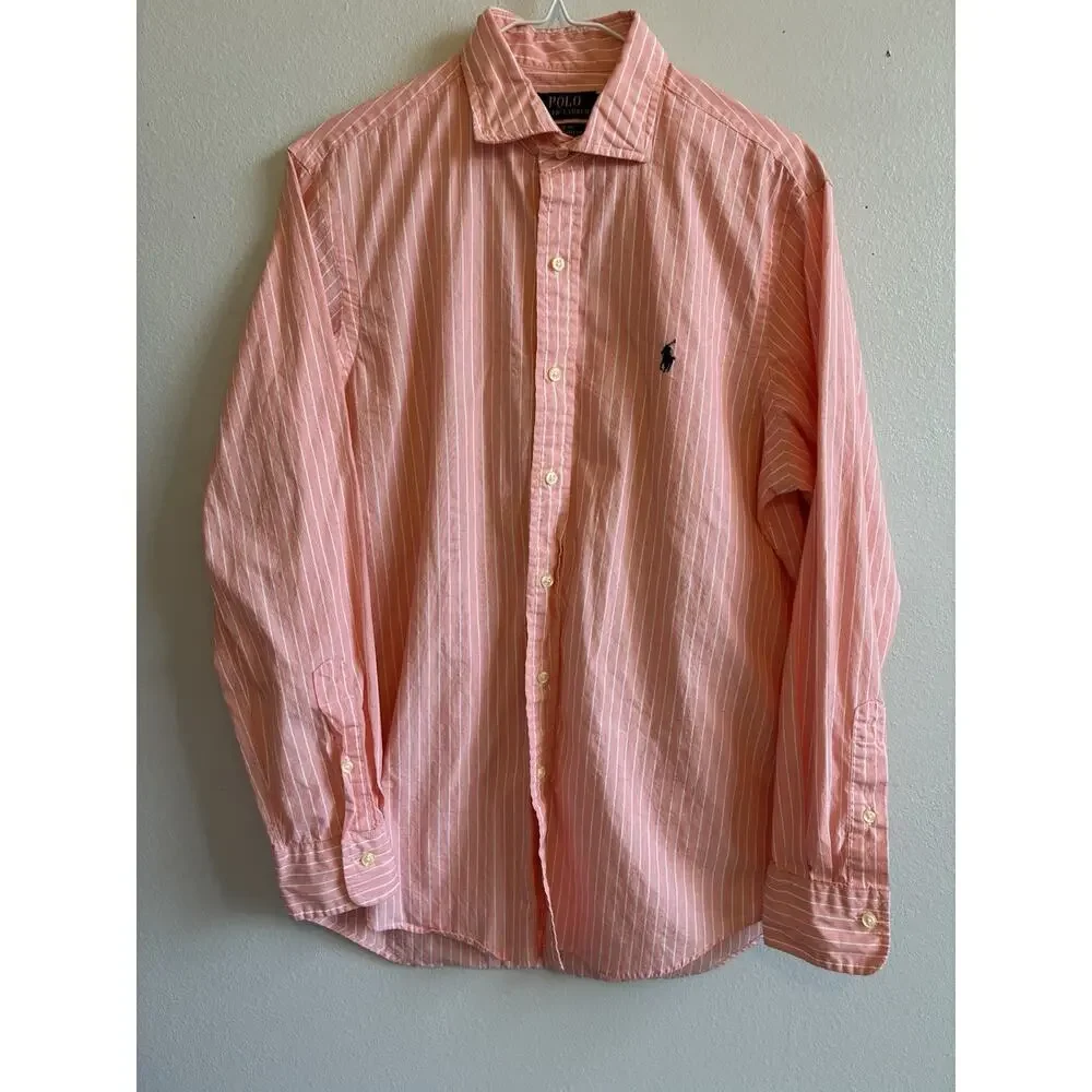 POLO Ralph Lauren Classsic Fit Button Down Shirt L Striped Peach Cotton Stretch